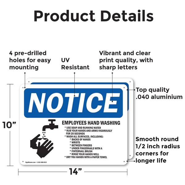 Employee Hand Washing, 14 In W X Rectangle, Aluminum